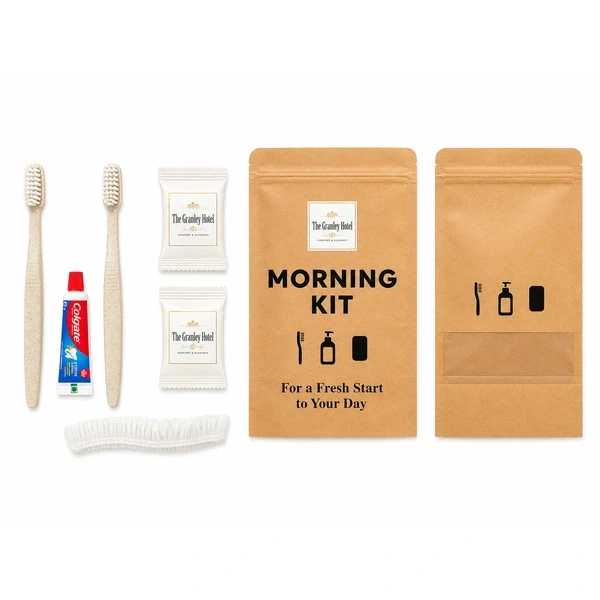 2 Wheat Straw Toothbrushes (White Bristles) + 1 Colgate Toothpastes + 2 Soaps + Shower Cap Morning Kit