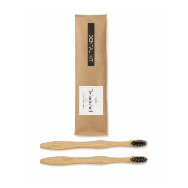 2 Bamboo Toothbrushes with Brown Dental Kit Pouch
