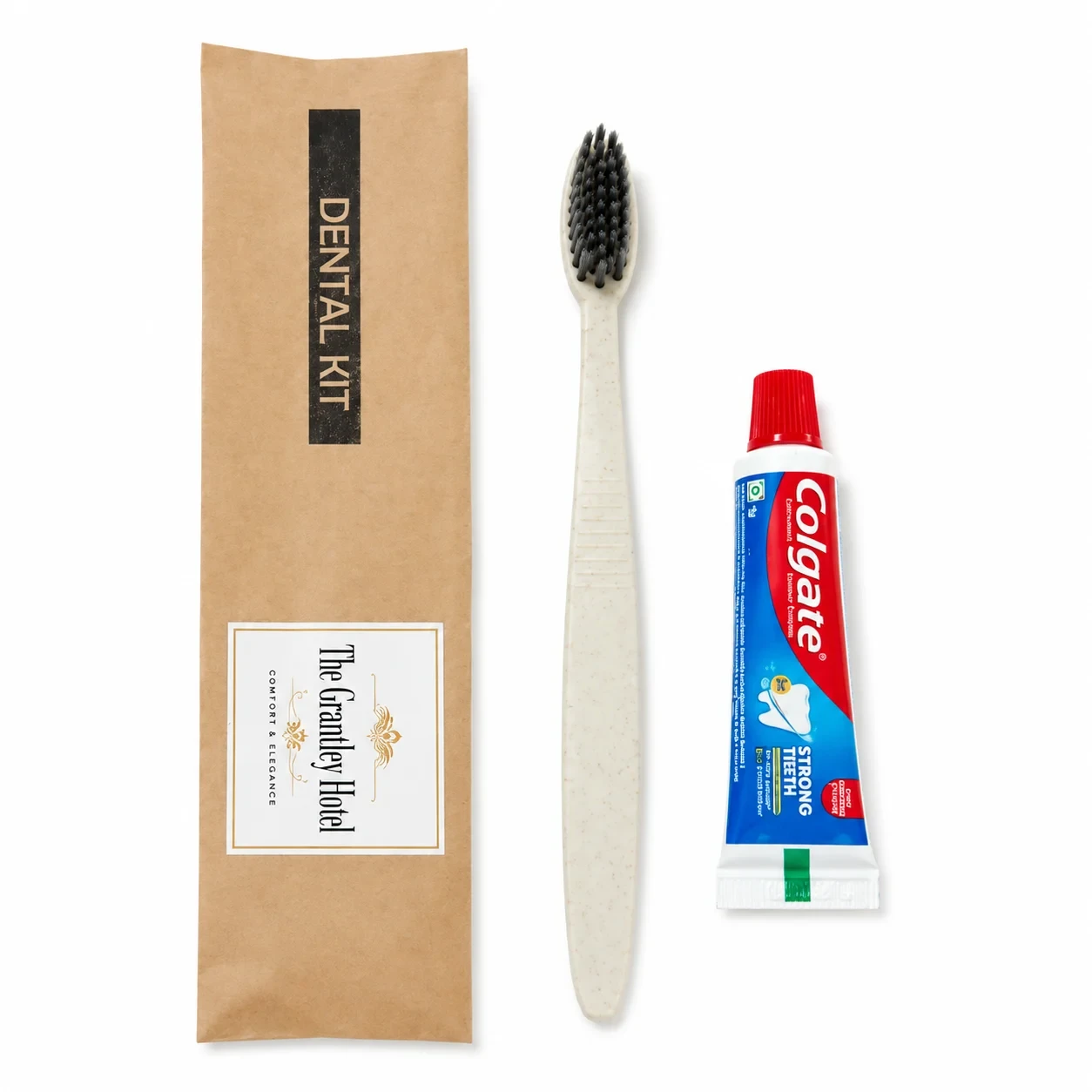 1 Wheat Straw Toothbrush (Grey Bristles) + 1 Colgate Toothpaste with Brown Dental Kit Pouch