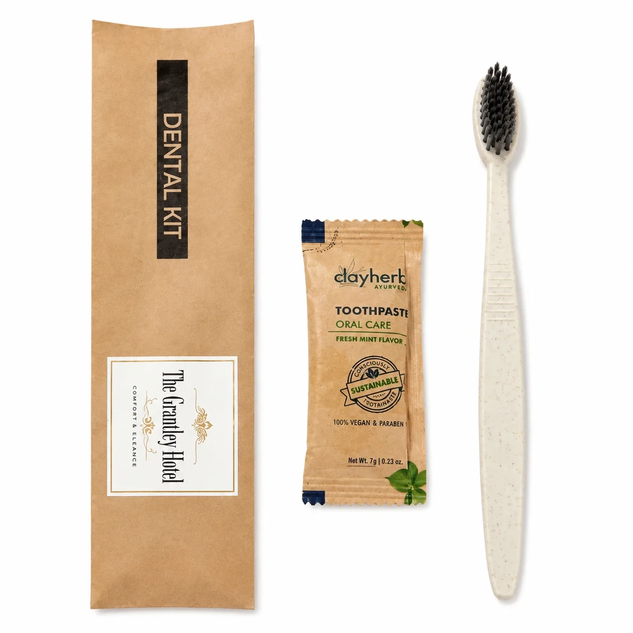 1 Wheat Straw Toothbrush (Grey Bristles) + 1 Clayherbs Toothpaste Sachet with Brown Dental Kit Pouch