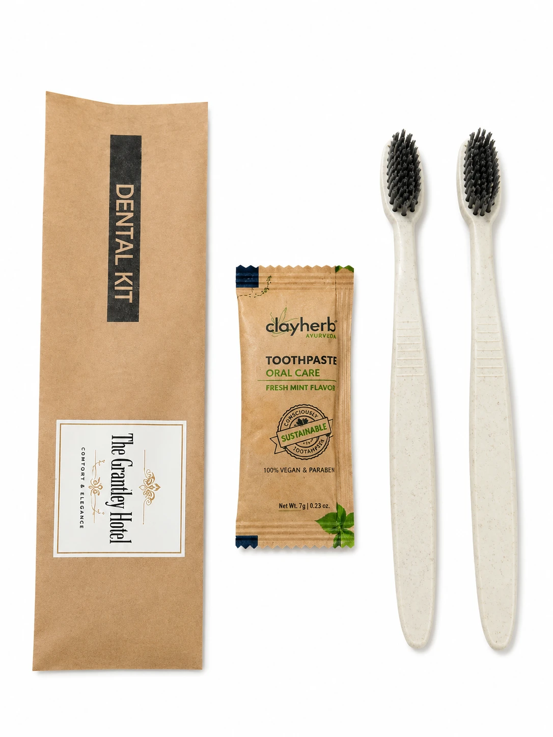 2 Wheat Straw Toothbrushes (Grey Bristles) + 1 Clayherbs Toothpaste Sachet with Brown Dental Kit Pouch