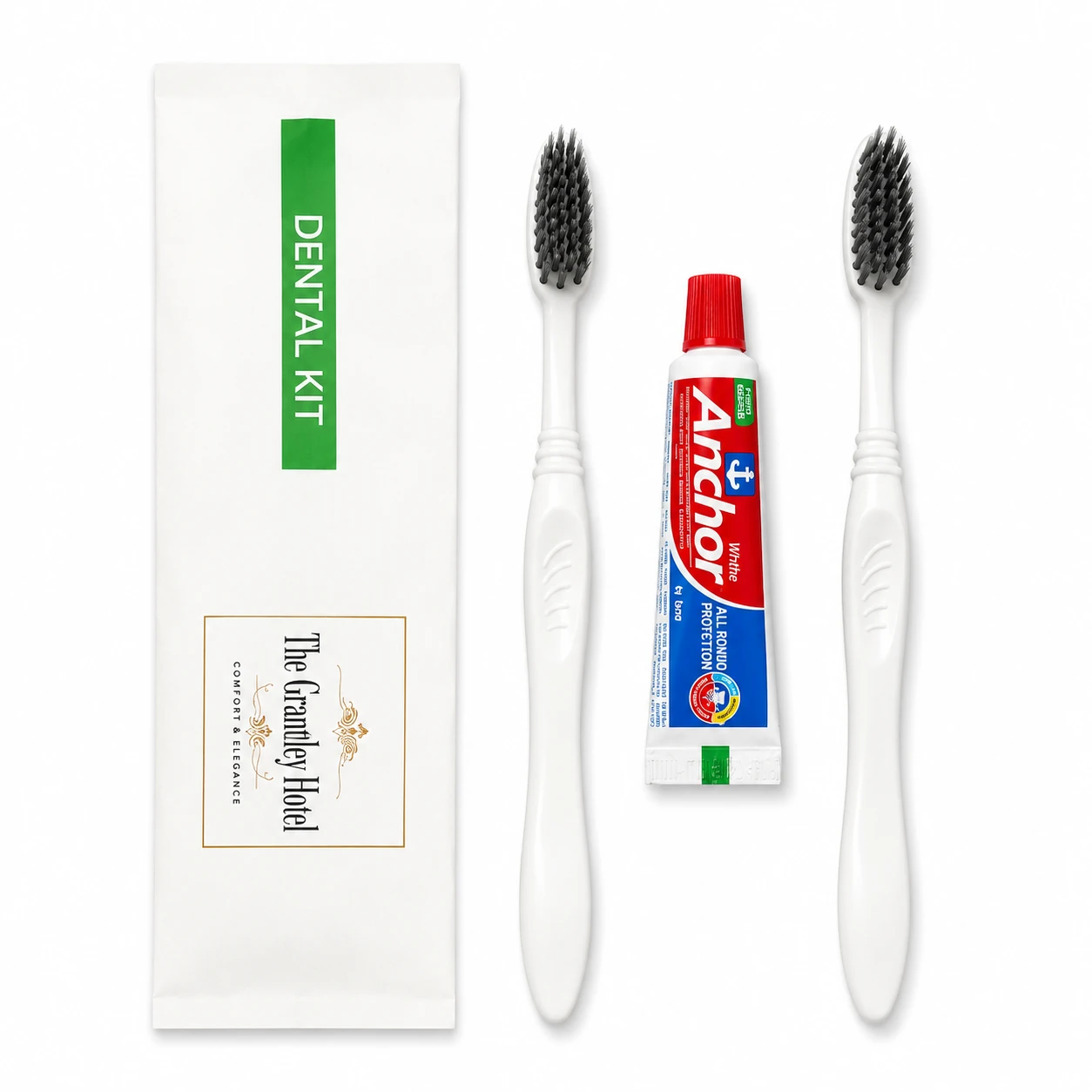 2 Toothbrushes + 1 Anchor Toothpaste with White Dental Kit Pouch