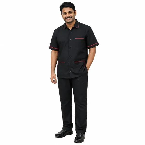 Black Housekeeping Staff Uniform with Red Piping – Shirt & Trouser Set