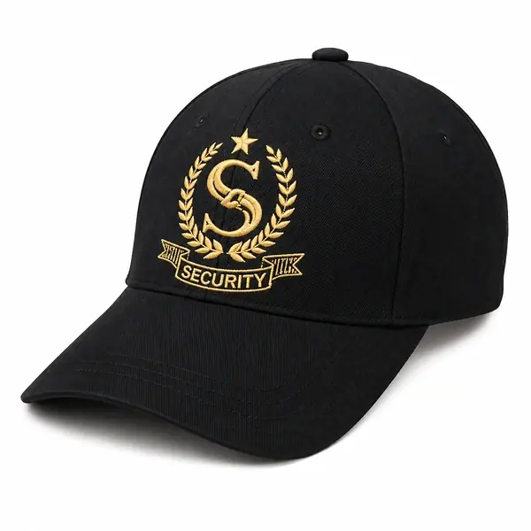 Black Security Guard Cap with Gold Embroidered Logo – Professional Uniform Accessory