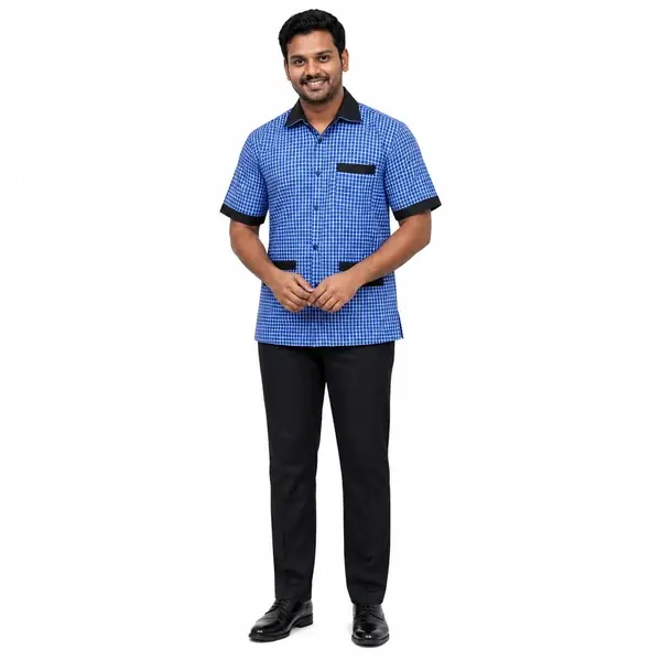 Blue Checkered Housekeeping Staff Uniform Shirt with Black Trouser