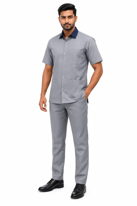 Grey Housekeeping Staff Uniform with Navy Blue Collar