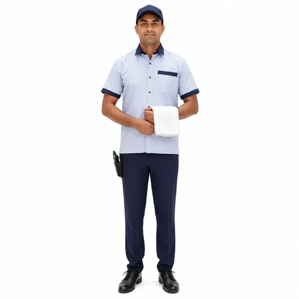 Men’s Hotel Housekeeping Staff Uniform – Light Blue Shirt, Navy Trouser & Cap Set