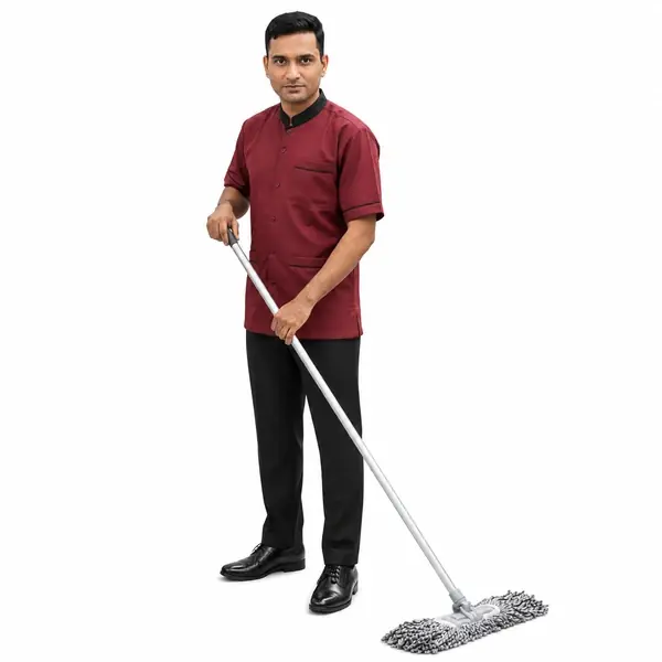 Men’s Housekeeping & Cleaning Staff Uniform – Maroon Shirt with Black Trouser Set