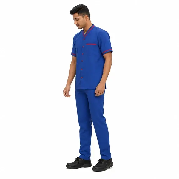 Men’s Housekeeping & Cleaning Staff Uniform – Royal Blue with Red Trim