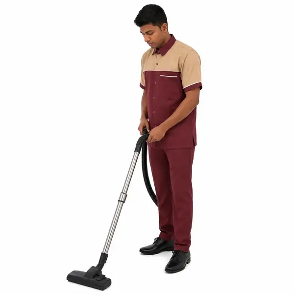 Men’s Housekeeping Staff Uniform – Beige & Maroon Shirt with Trouser Set