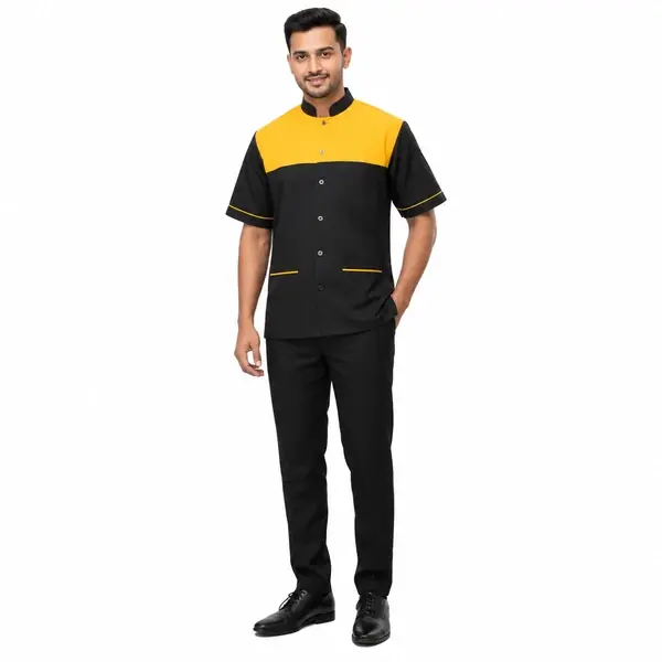 Men’s Kitchen & Utility Staff Uniform – Black & Yellow Shirt with Trouser Set