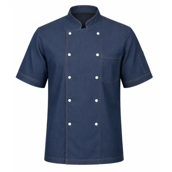 Premium Denim Blue Chef Coat – Half Sleeve Double-Breasted Kitchen Uniform