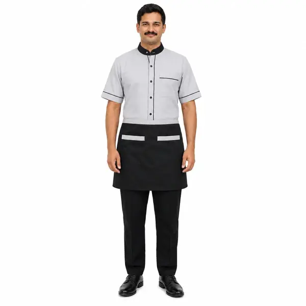 Premium Grey & Black Waiter Uniform Set with Waist Apron