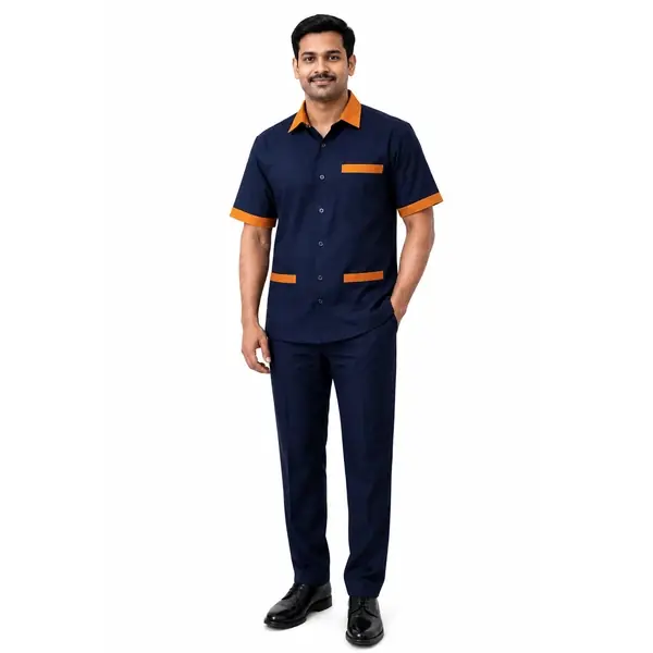 Premium Navy Blue & Orange Housekeeping Staff Uniform Set