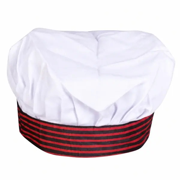 White Chef Cap with Red & Black Striped Band – Professional Kitchen Uniform Cap