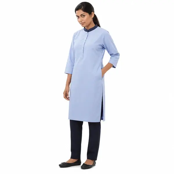 Women’s Housekeeping Staff Uniform – Light Blue Kurti & Navy Trouser Set